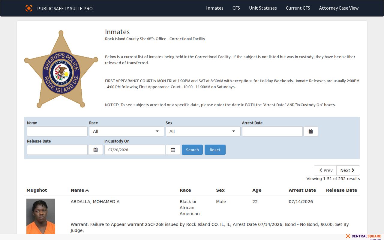 Official Rock Island County arrest and inmate search interface
